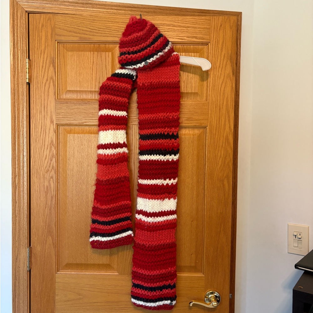 Red, Orange, Black and White Striped Knit Hat and  Scarf